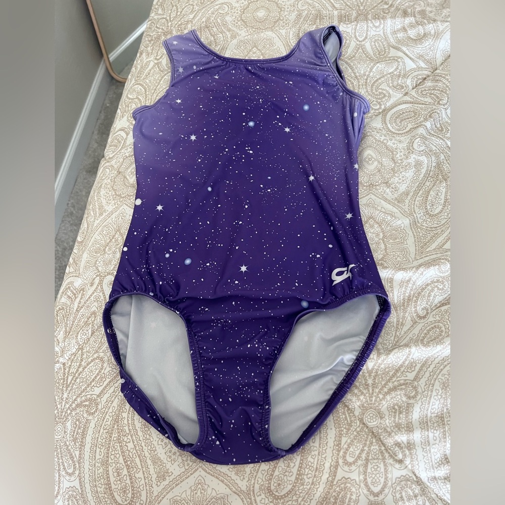 Women’s adult small GK elite leotard, purple.